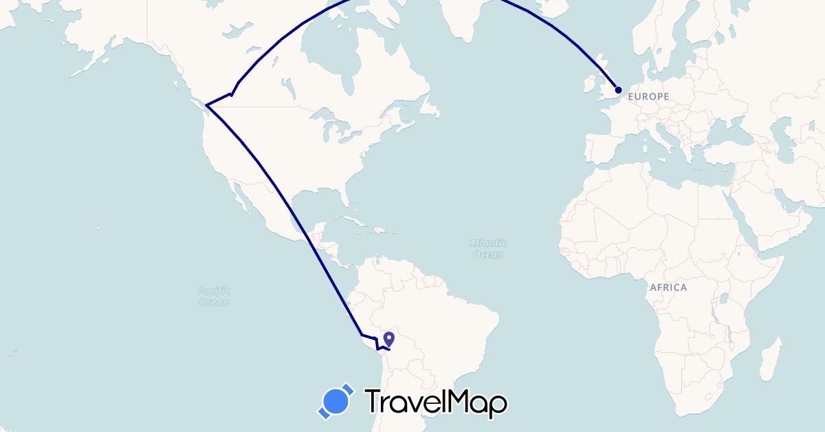 TravelMap itinerary: driving in Bolivia, Canada, United Kingdom, Peru (Europe, North America, South America)